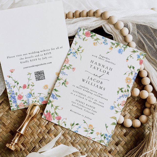 Elegant Wildflower Floral QR Code RSVP Wedding Invitation (Creator Uploaded)