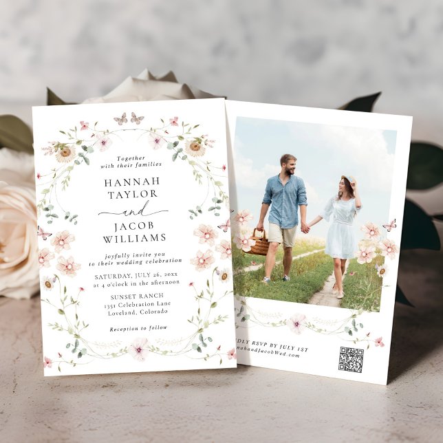 Elegant Wildflower Floral QR Code RSVP Wedding Invitation (Creator Uploaded)
