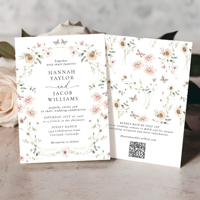 Elegant Wildflower Floral QR Code RSVP Wedding Invitation (Creator Uploaded)