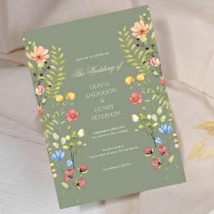 Elegant Wildflower Floral Sage QR Code Wedding Invitation