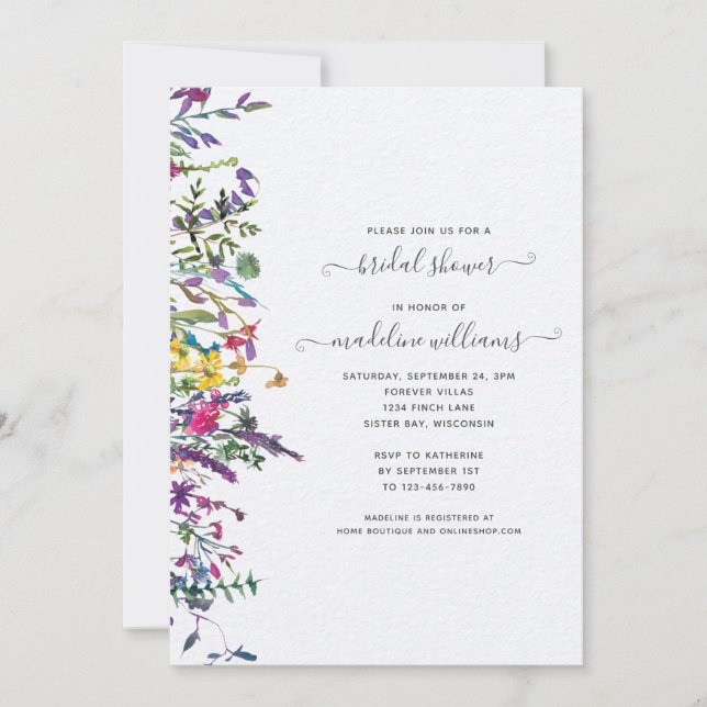 Elegant Wildflower Floral Watercolor Bridal Shower Invitation (Front)