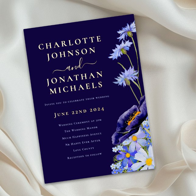 Elegant Wildflower Floral Wedding Blue and Gold (Elegant watercolor wildflower blue floral gold foil wedding invitation )