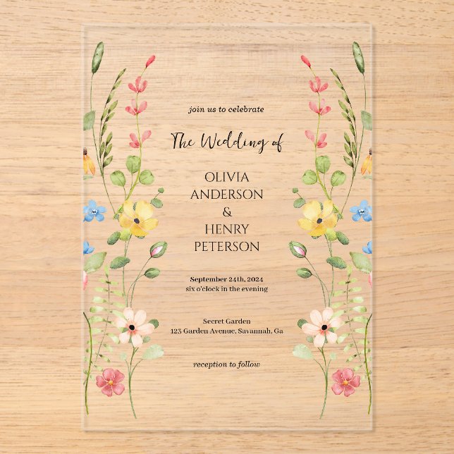 Elegant Wildflower Garden Floral  Spring Wedding  Acrylic Invitations (Front)