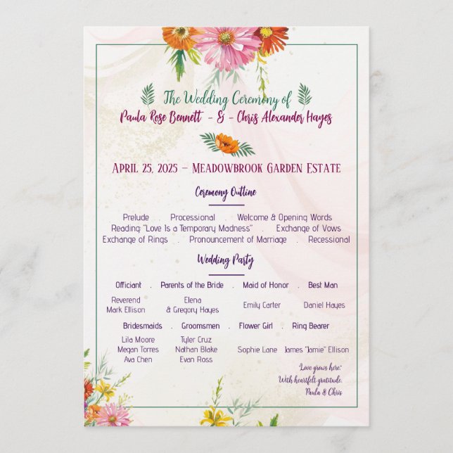 Elegant Wildflower Garden Wedding Program Programme (Front)