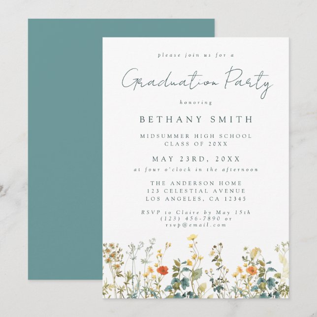 Elegant Wildflower Graduation Party Invitation (Front/Back)
