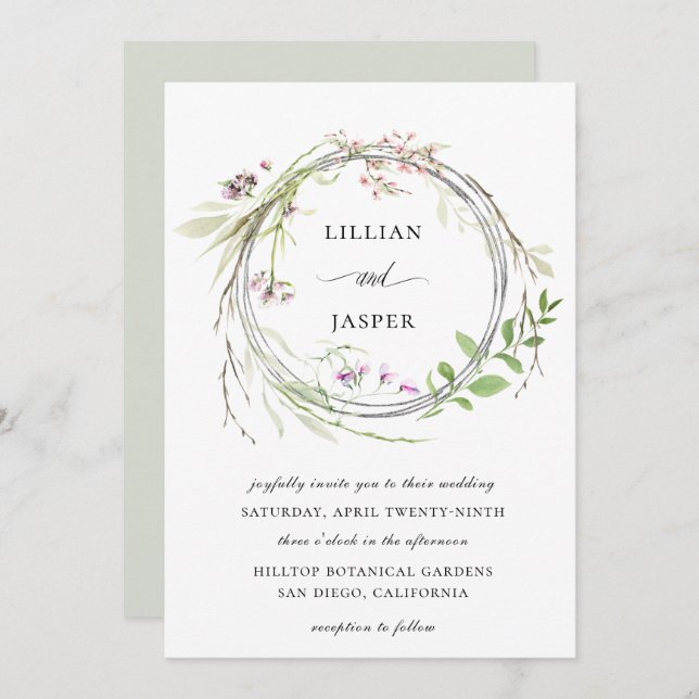 Elegant Wildflower Hoop Wreath Wedding Invitation (Front/Back)