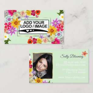 Elegant Wildflower Light Green with Logo and Photo Business Card