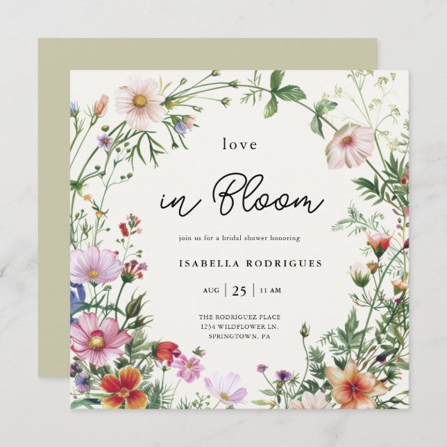 Elegant Wildflower Love in Bloom Bridal Shower Invitation (Front/Back)