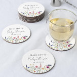 Elegant Wildflower Meadow Baby Shower Round Paper Coaster<br><div class="desc">Elegant floral baby shower paper coasters featuring a bottom border of watercolor wildflowers and foliage in shades of pink, yellow, purple, blue, and green on a white background. Personalise the wildflower baby shower coasters with the mum-to-be's name and the date. The personalised wildflower coasters are perfect for spring and summer...</div>