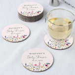 Elegant Wildflower Meadow Blush Pink Baby Shower Round Paper Coaster<br><div class="desc">Elegant floral baby shower paper coasters featuring a bottom border of watercolor wildflowers and foliage in shades of pink, yellow, purple, blue, and green on a blush pink background. Personalise the wildflower baby shower coasters with the mum-to-be's name and the date. The personalised wildflower coasters are perfect for spring and...</div>