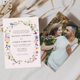 Elegant Wildflower Meadow Blush Pink Photo Wedding Invitation