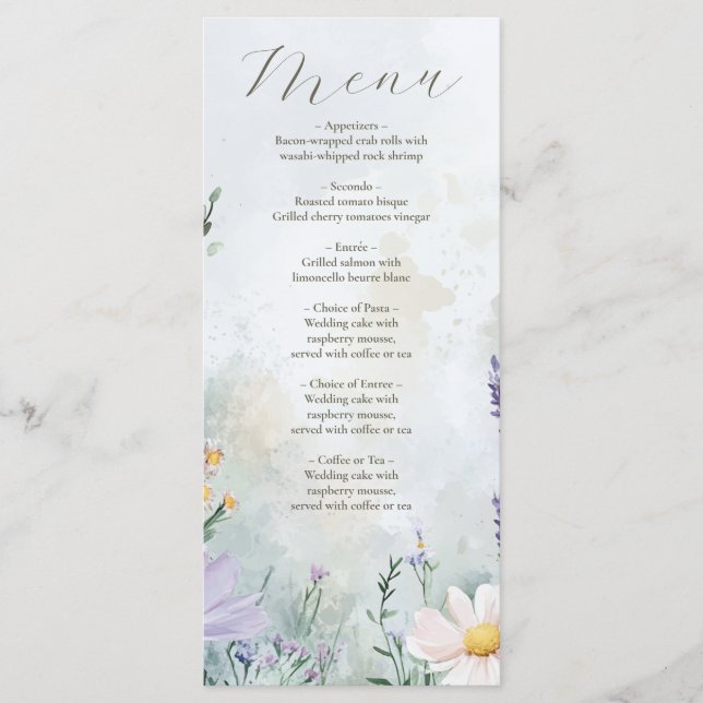 Elegant Wildflower Meadow Blush Pink Wedding Menu (Front)