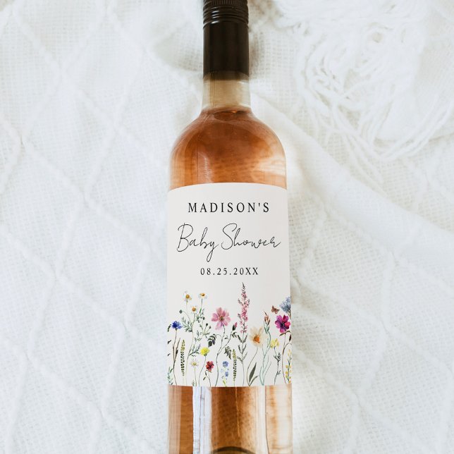 Elegant Wildflower Meadow Cream Baby Shower Wine Label (Creator Uploaded)