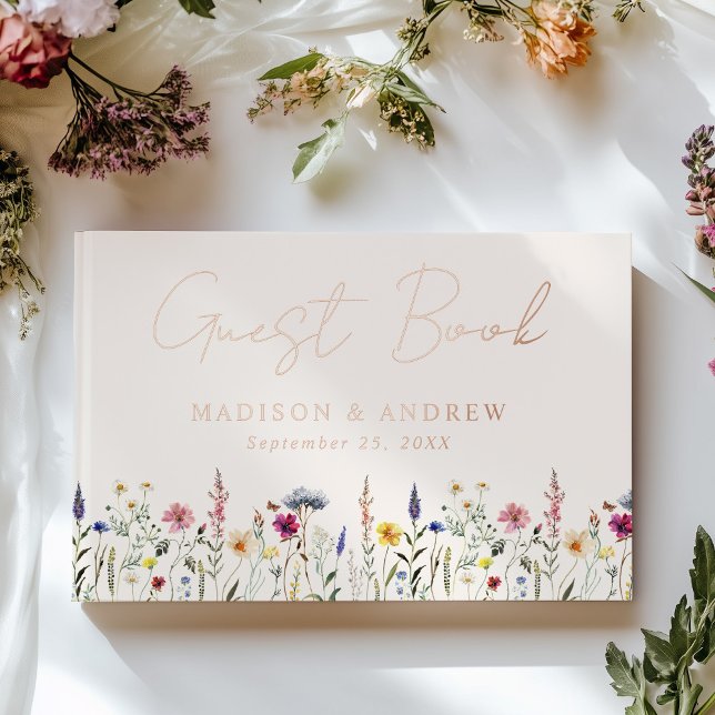 Elegant Wildflower Meadow Cream Photo Wedding Guest Book (Creator Uploaded)