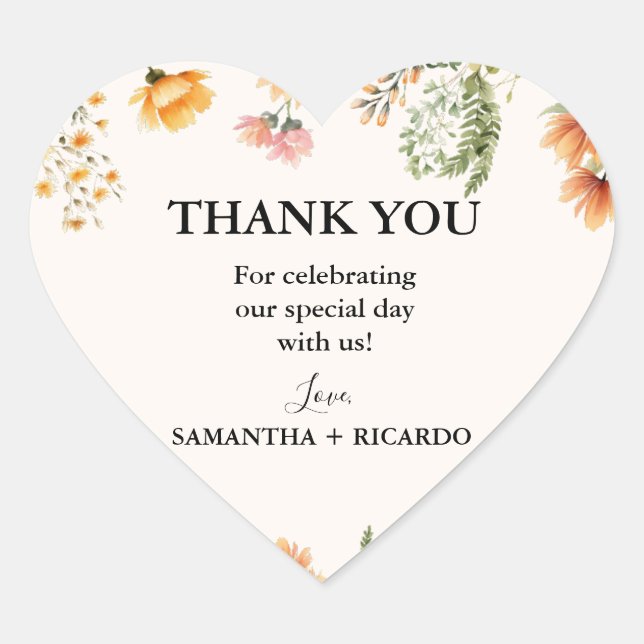 Elegant Wildflower Meadow Ivory Wedding Thank you Heart Sticker (Front)