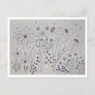 Elegant Wildflower Meadow Line Art Announcement Postcard
