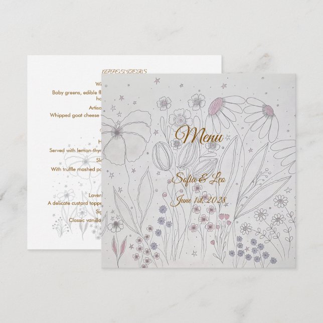 ​Elegant Wildflower Meadow Square Wedding  Menu (Front/Back)