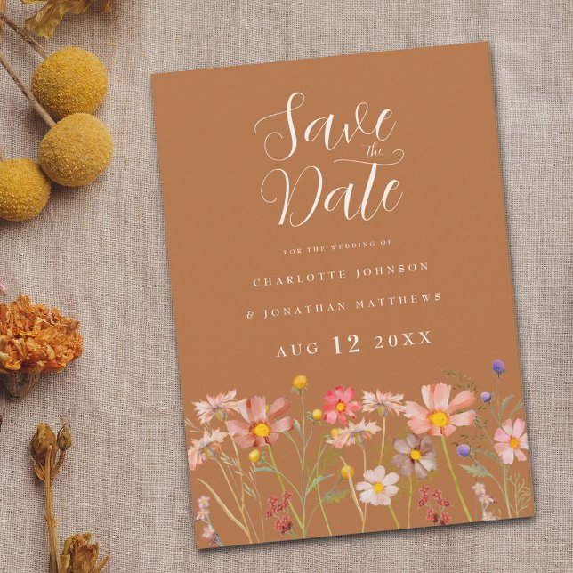 Elegant Wildflower Meadow Wedding Save The Date (Terracotta burnt orange Boho chic Wildflower meadow Wedding save the date invite watercolor florals)