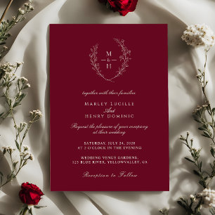 Elegant Wildflower Monogram Burgundy Wedding Invitation
