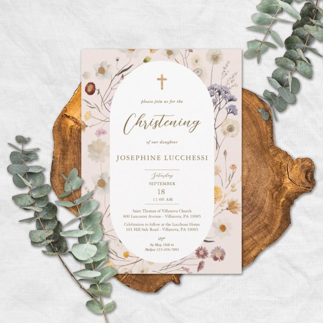 Elegant Wildflower Oval Frame Christening Invitation (Creator Uploaded)