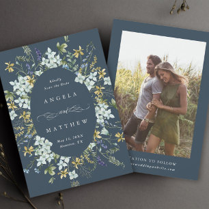 Elegant Wildflower Oval Frame Wedding Photo Navy Save The Date