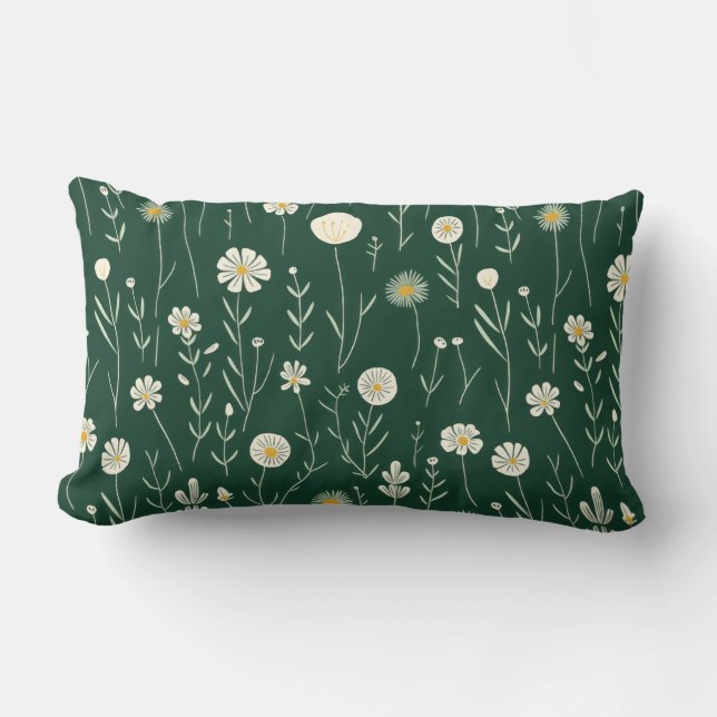 Elegant Wildflower Pattern on Dark Green  Lumbar Cushion (Front)