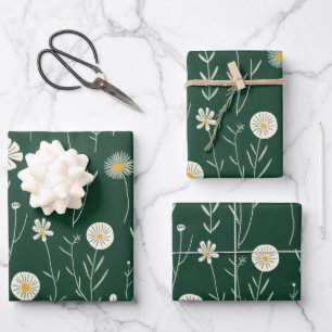 Elegant Wildflower Pattern on Dark Green Wrapping Paper Sheet