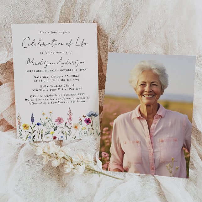 Elegant Wildflower Photo Celebration of Life Invitation (Creator Uploaded)