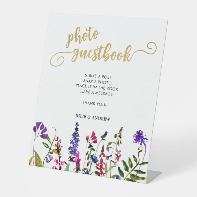 Elegant Wildflower Photo guestbook Pedestal Sign (Front)
