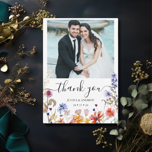 Elegant  wildflower photo wedding  thank you card (Creator Uploaded)