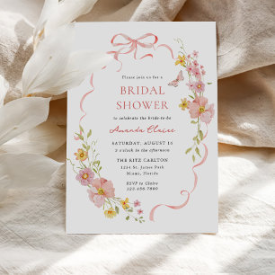 Elegant Wildflower Pink Bow Bridal Shower Invitation