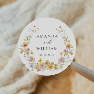 Elegant Wildflower Pink Bow Wedding Classic Round Sticker