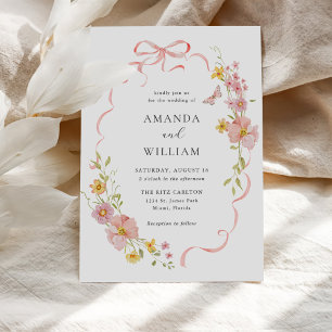 Elegant Wildflower Pink Bow Wedding Invitation