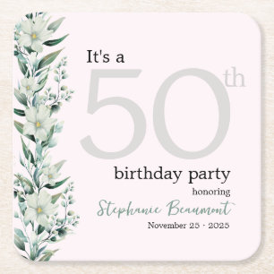 Elegant Wildflower Pink Surprise 50th Birthday  Na Square Paper Coaster