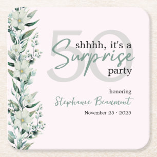 Elegant Wildflower Pink Surprise 50th Birthday  Square Paper Coaster
