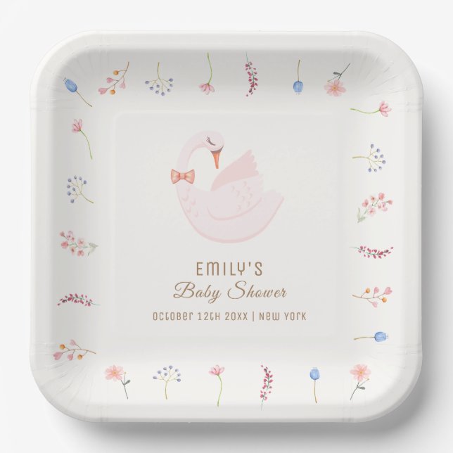 Elegant Wildflower Princess Swan Girl Baby Shower  Paper Plate (Front)