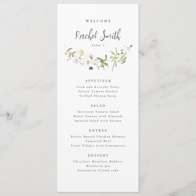 Elegant Wildflower Rustic Boho Wedding Guest Name Menu (Front)
