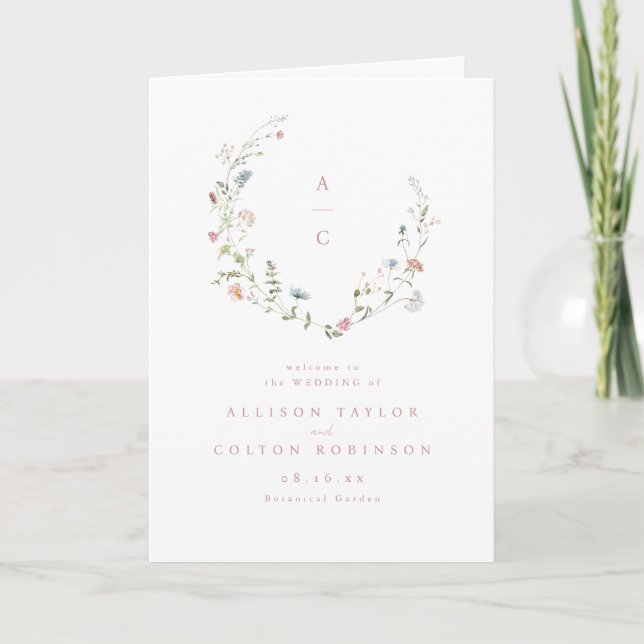 Elegant Wildflower Rustic Boho Wedding Monogram Programme (Front)