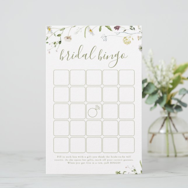 Elegant Wildflower Rustic bridal shower bingo game (Standing Front)
