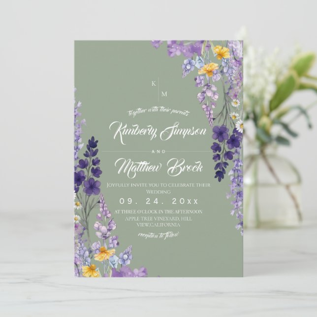 Elegant Wildflower Rustic Sage Wedding Invitation (Standing Front)