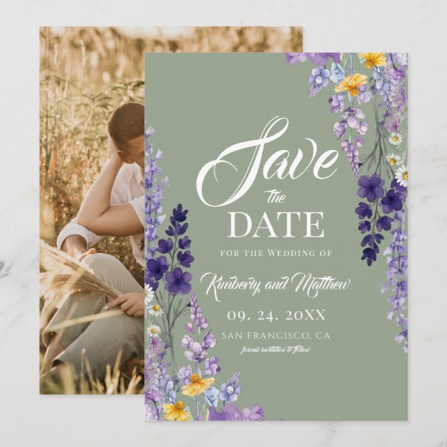 Elegant Wildflower Rustic Sage Wedding Save The Date (Front/Back)