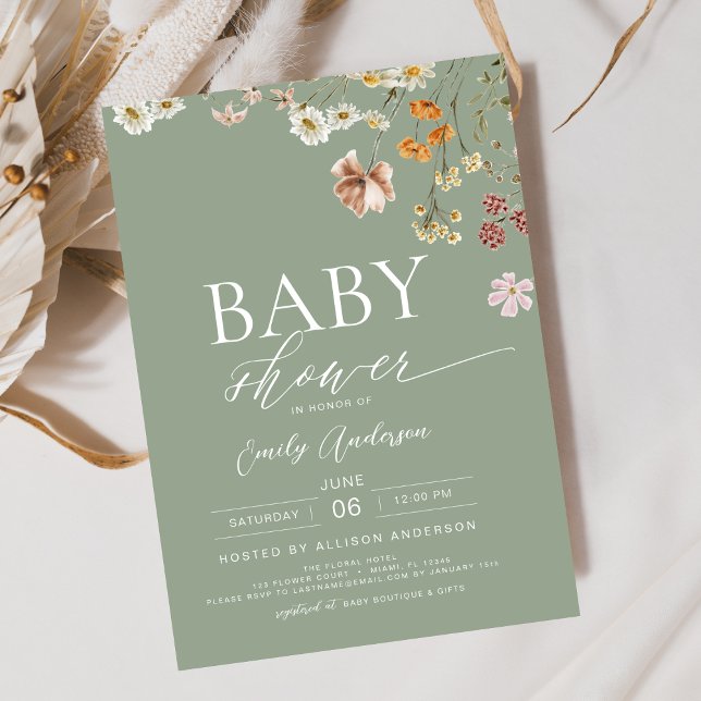 Elegant Wildflower Sage Green Boho Baby Shower Invitation (Creator Uploaded)