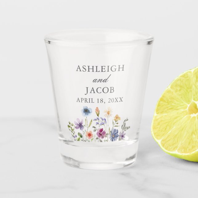 Elegant Wildflower Spring Wedding Personalized Shot Glass (Front)