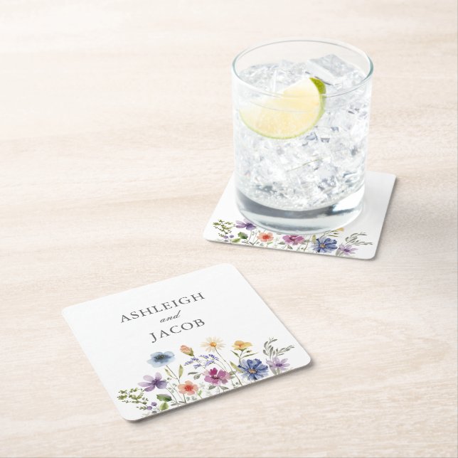 Elegant Wildflower Spring Wedding Personalized Square Paper Coaster (Insitu)