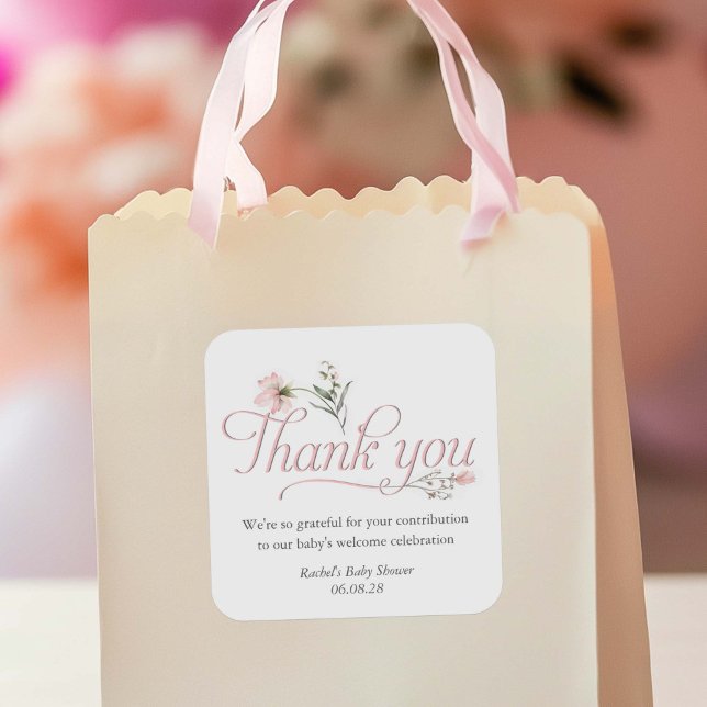 Elegant Wildflower themed Baby Shower favour thank Square Sticker (Elegant Pink Wildflower, Baby Girl shower favor thank you stickers.)