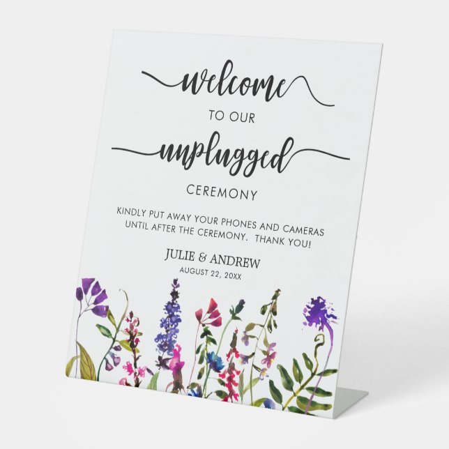 Elegant Wildflower unplugged wedding ceremony Pedestal Sign (Front)