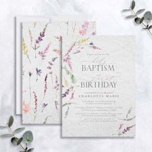 Elegant Wildflower Watercolor Baptism 1st Birthday Invitation