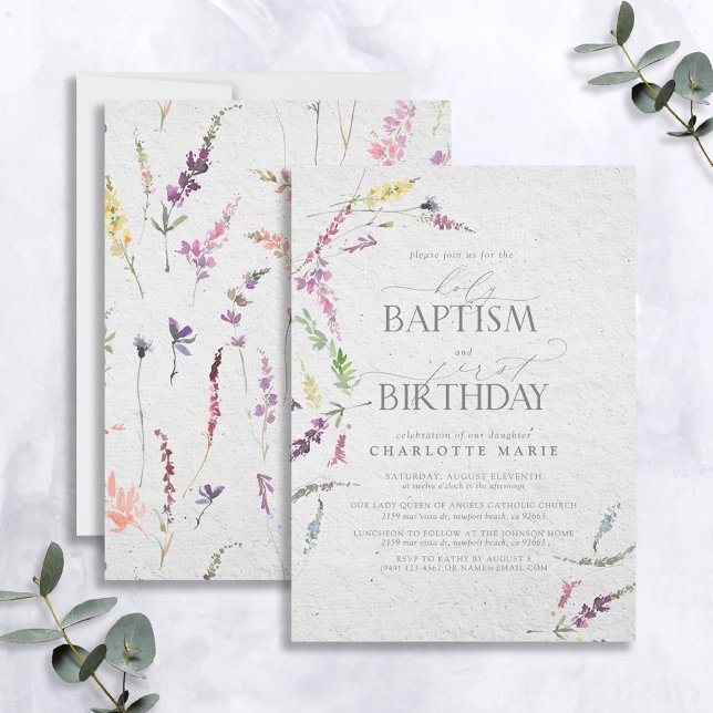 Elegant Wildflower Watercolor Baptism 1st Birthday Invitation (Creator Uploaded)
