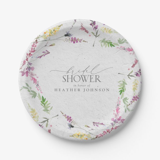 Elegant Wildflower Watercolor Floral Bridal Shower Paper Plate (Front)