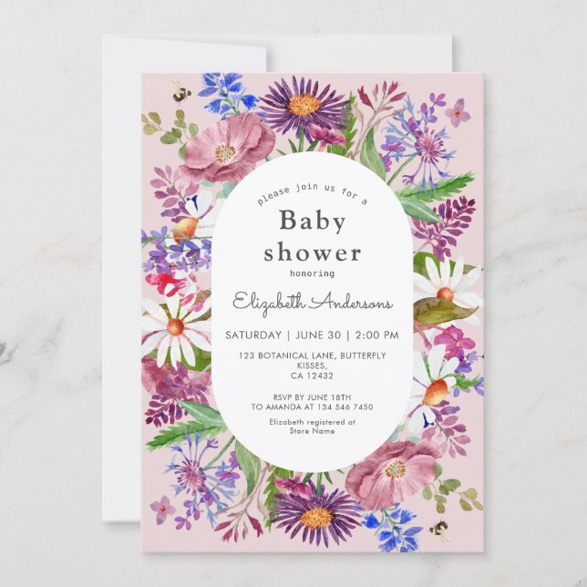 Elegant Wildflower Watercolor Girl Baby Shower Invitation (Front)